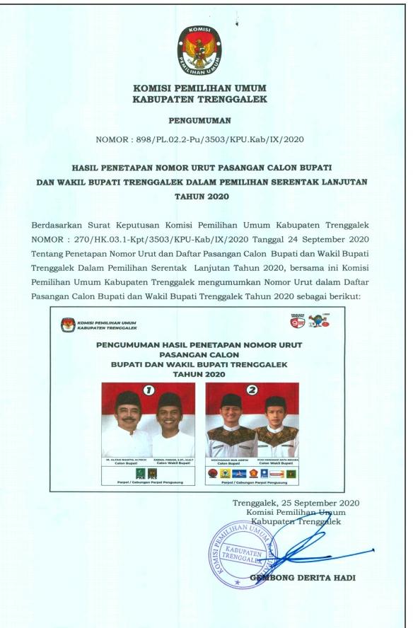 PENGUMUMAN KOMISI PEMILIHAN UMUM KABUPATEN TRENGGALEK