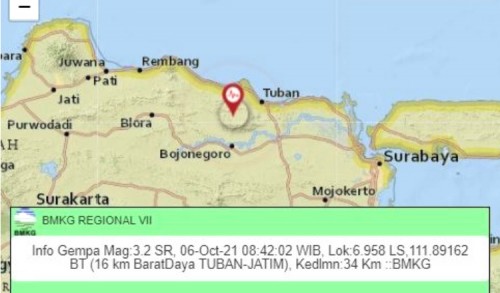 Gempa Magnitudo 3,2 Terjadi di Barat Daya Tuban