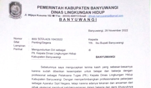 Surat Pengunduran Diri Plt Kepala DLH Banyuwangi Beredar, Alasannya Mengejutkan!