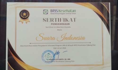 Suara Indonesia Raih Penghargaan dari BPJS Kesehatan Pati, Menginformasikan UHC Tiga Kabupaten Terbaik Dunia