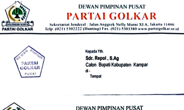 Repol dan Ardo Dapat Dukungan dari Partai Golkar di Pilkada Kampar, Surat Keputusan Diteken Airlangga