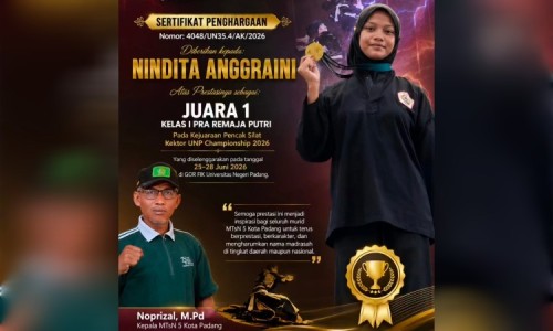 Siswi MTsN 5 Kota Padang Juara I di Kejuaraan Pencak Silat Rektor UNP Championship 2026